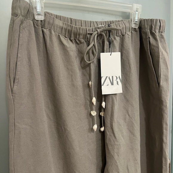 NEW Zara olive green WIDE LEG PANTS WITH SEASHELL TIES - Picture 3 of 8